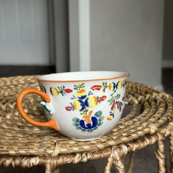 Anthropologie Cadiz Floral Mug With Orange Handle And Blue Flower - Picture 4 of 12